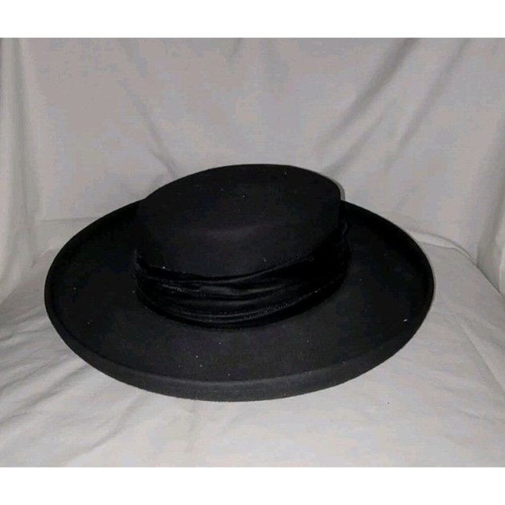 Lancaster Womens Black Wide Brim Hat 100% Wool WPL4384 Velvet Detail USA VTG